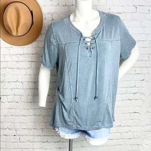 Blue Distressed V Neck Boho Lace Up Knit